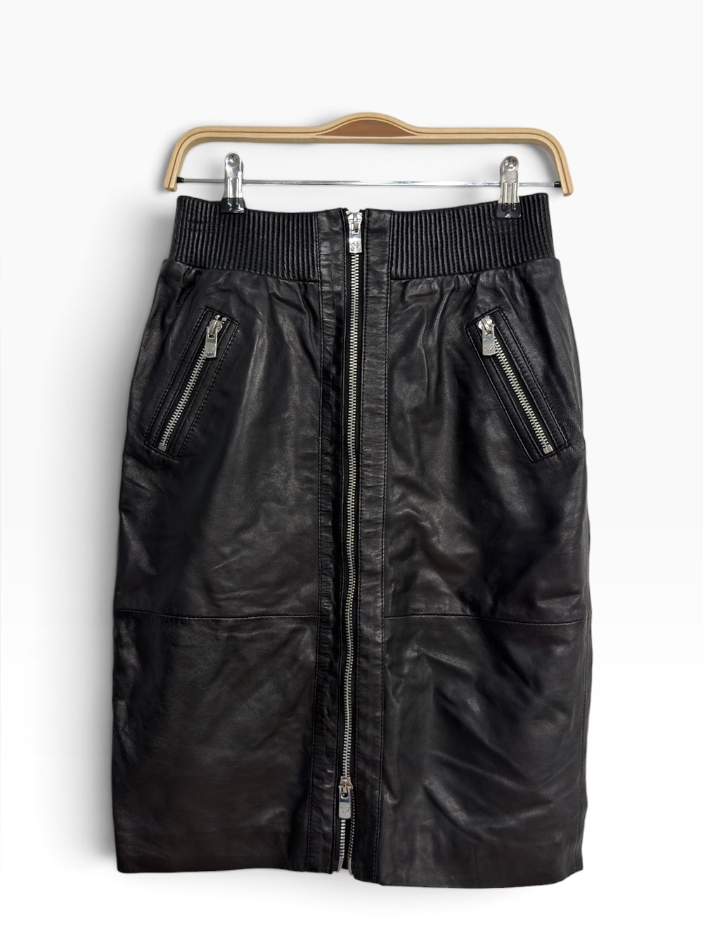 Bod & Christensen Black Leather Zip Front Pencil Moto Skirt Size 6